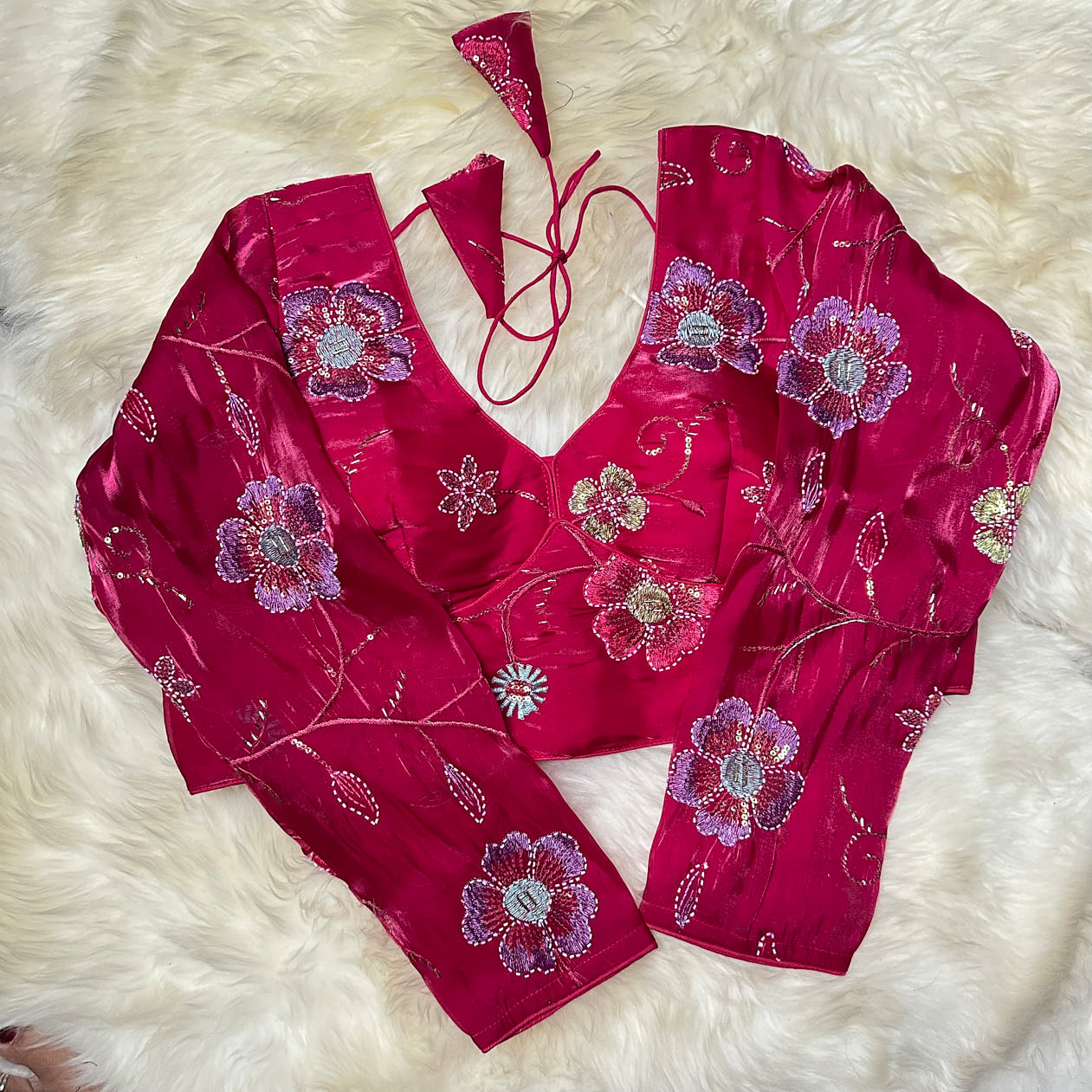 Pink Jimichoo Blouse with Elegant Bead Work – Smooth & Shiny Finish, Full Sleeves (Fits 32–40)