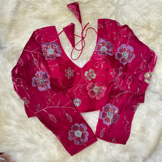 Pink Jimichoo Blouse with Elegant Bead Work – Smooth & Shiny Finish, Full Sleeves (Fits 32–40)