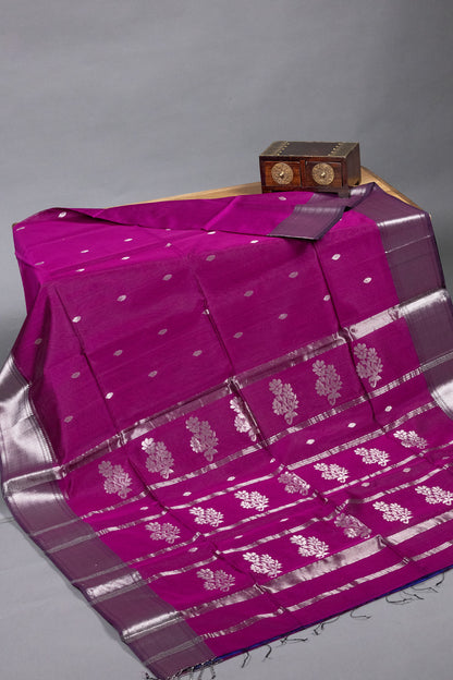 Dark Pink MAHESHWARI: SILVER ZARI BUTTI & PALLU