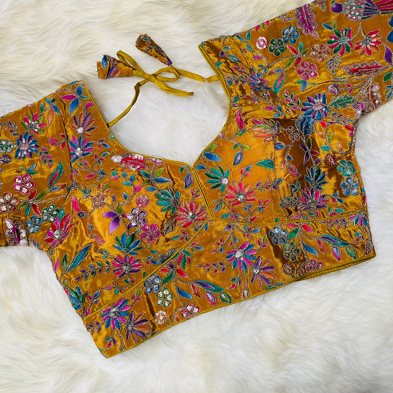 Majestic Golden Yellow Pure Crepe Blouse with Multicolour Appliqué & Sequins – Full Sleeves, Luxury Party Wear