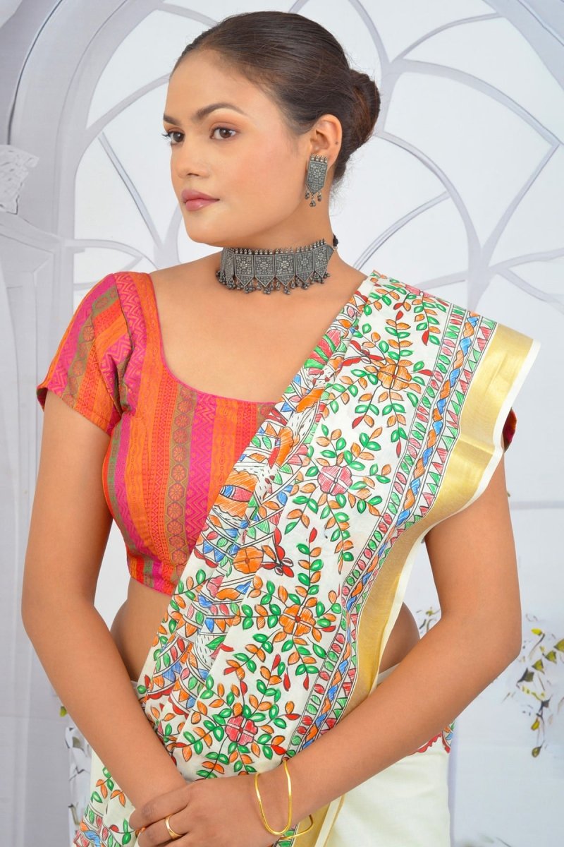 Artistic Madhubani Kerala Cotton Saree – Handcrafted Ivory Elegance with Multicolour Designs - swadeshsouq.com