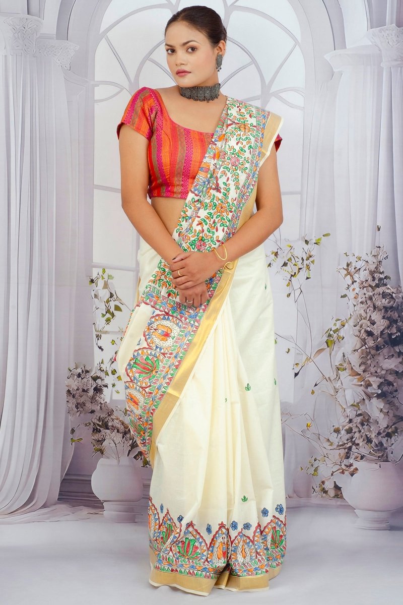 Artistic Madhubani Kerala Cotton Saree – Handcrafted Ivory Elegance with Multicolour Designs - swadeshsouq.com