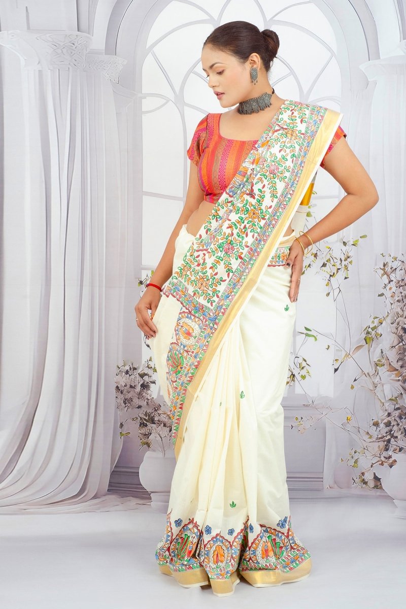 Artistic Madhubani Kerala Cotton Saree – Handcrafted Ivory Elegance with Multicolour Designs - swadeshsouq.com