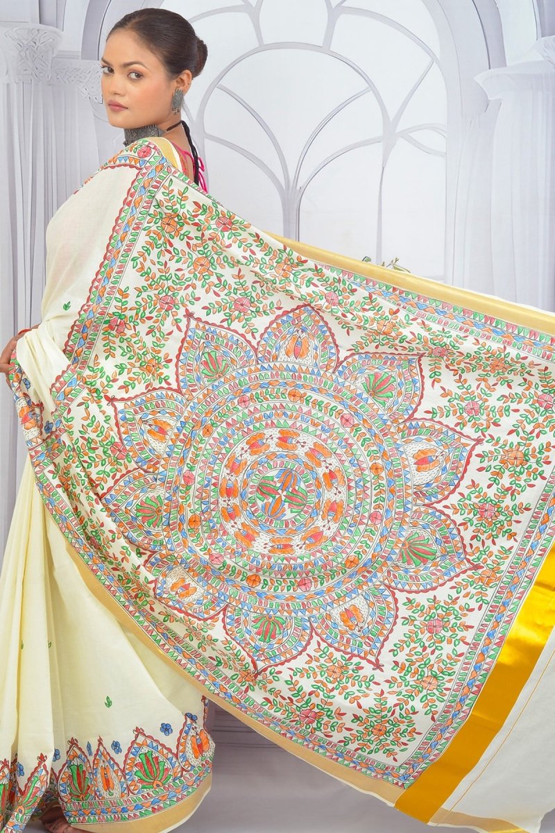 Artistic Madhubani Kerala Cotton Saree – Handcrafted Ivory Elegance with Multicolour Designs - swadeshsouq.com