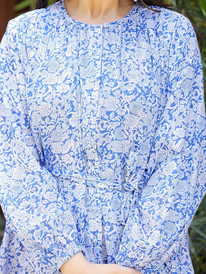 Azure Blooms Blue Floral Printed Cotton Western Dress - swadeshsouq.com