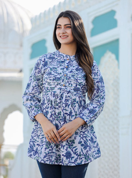 Azure Elegance Premium Blue Cotton Handblock Top - swadeshsouq.com