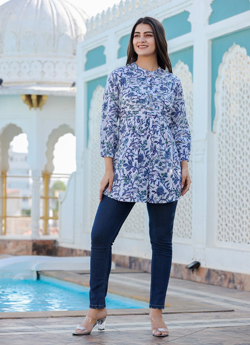 Azure Elegance Premium Blue Cotton Handblock Top - swadeshsouq.com