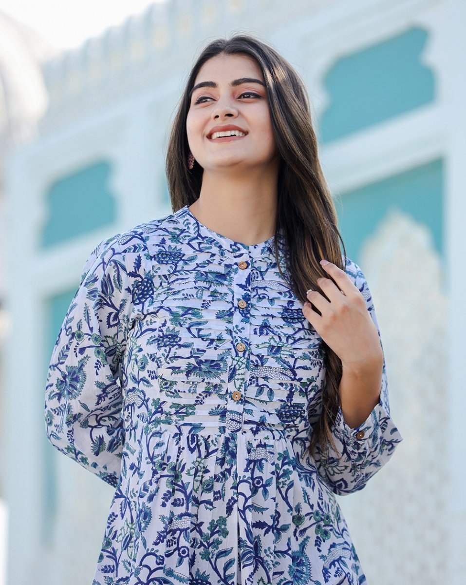 Azure Elegance Premium Blue Cotton Handblock Top - swadeshsouq.com