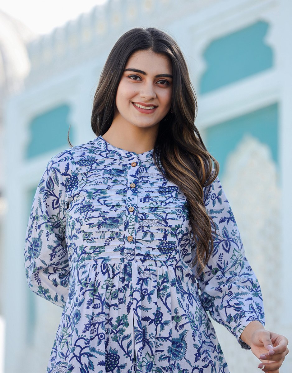 Azure Elegance Premium Blue Cotton Handblock Top - swadeshsouq.com