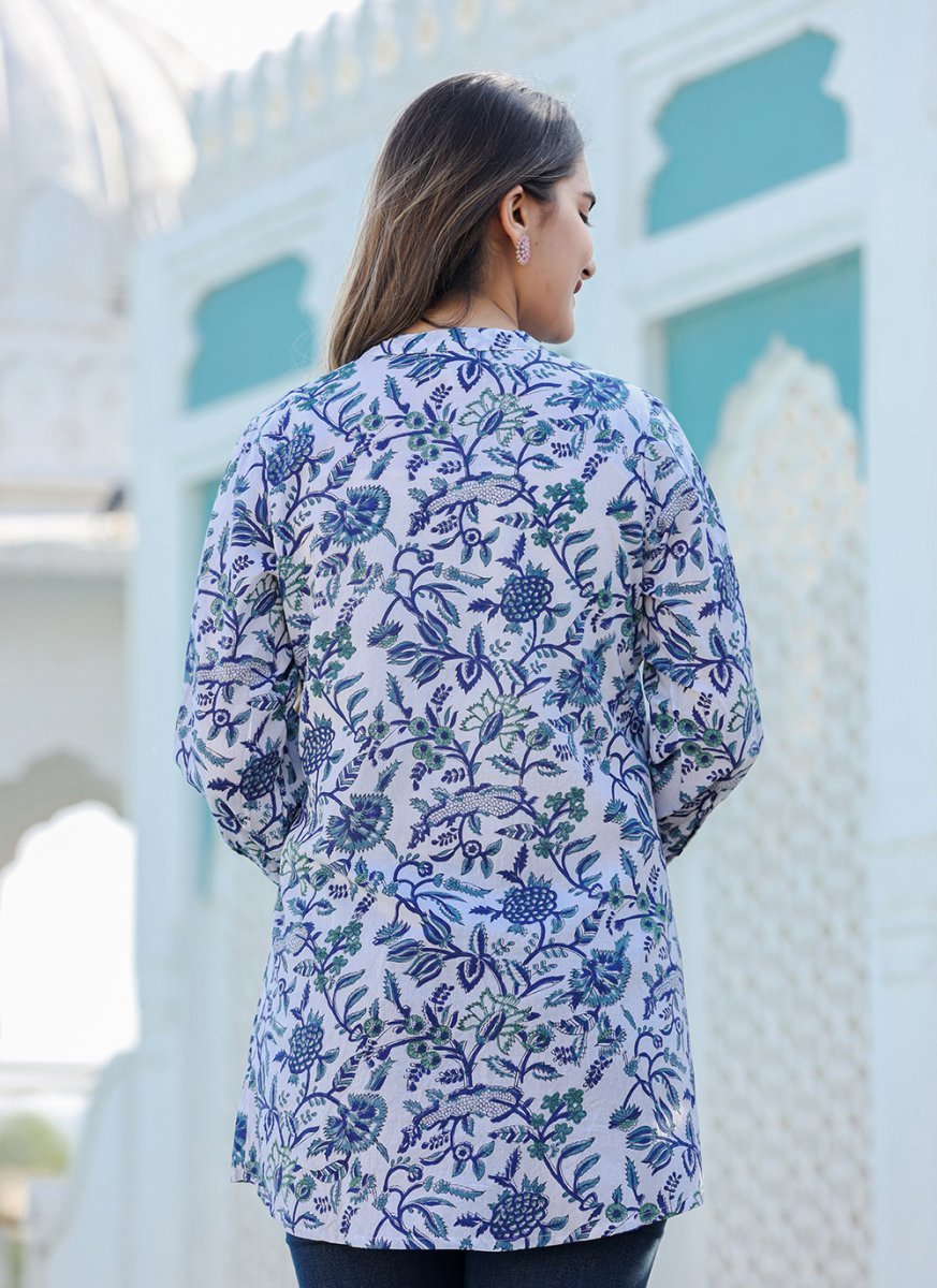 Azure Elegance Premium Blue Cotton Handblock Top - swadeshsouq.com