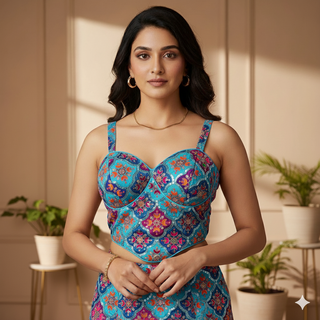 Blue Viscose Crepe Sleeveless Blouse with Sequin Embroidery | Size 32–40