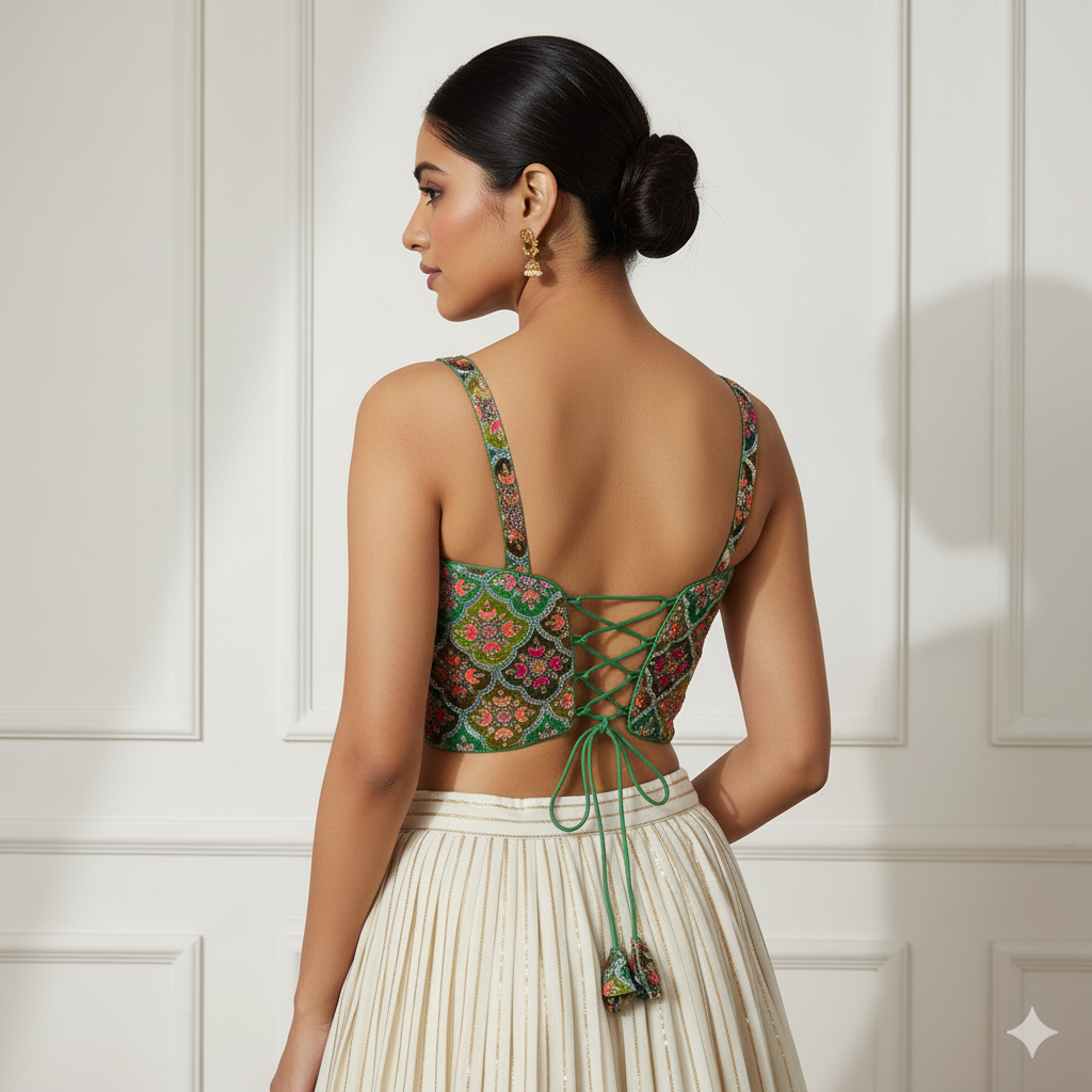 Elegant Multi-Colour Sequined Viscose Crepe Blouse with Green Base – Sleeveless, Size 32-40