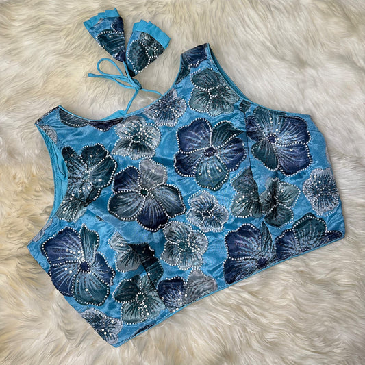 Blue Chinnon Blouse with Bright Floral Embroidery, Beads & Sequins | Sleeves Included (Fits 32–40)