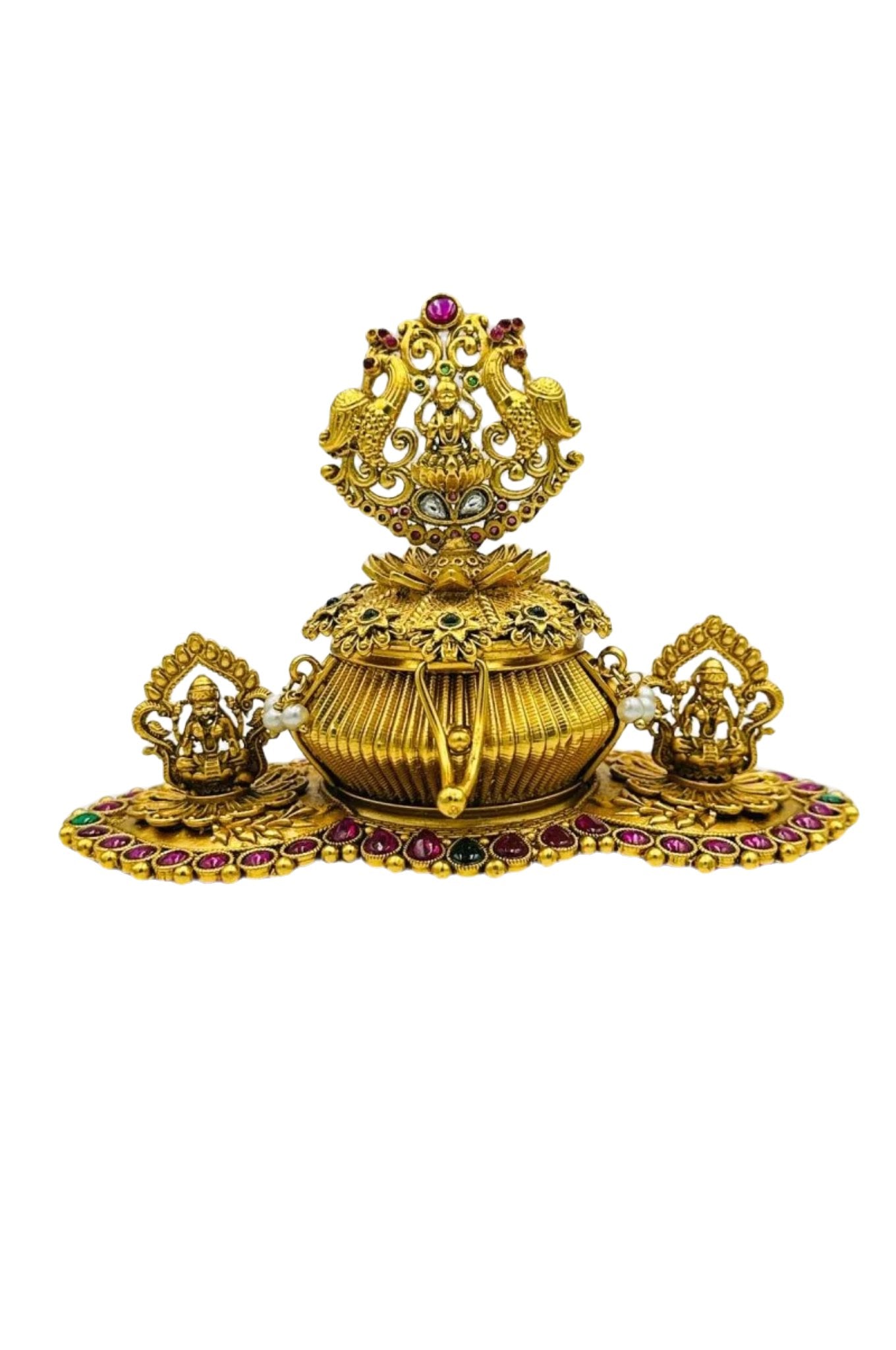 Beautifully Handcrafted Brass Kumkum Box with Floral Design and Kempstones - swadeshsouq.com