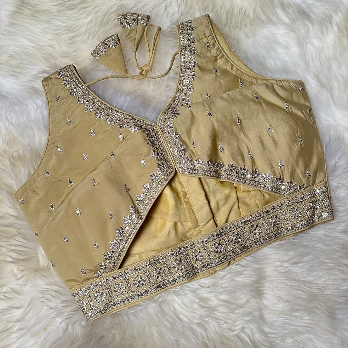 Beige Silk Blouse with Sequins Embellishments, Triangle Back Neck & Waist Detailing (Size 32–40) - swadeshsouq.com
