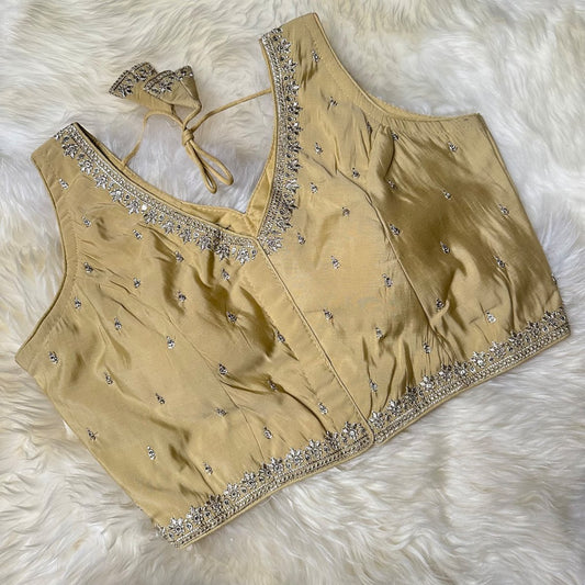 Beige Silk Blouse with Sequins Embellishments, Triangle Back Neck & Waist Detailing (Size 32–40) - swadeshsouq.com
