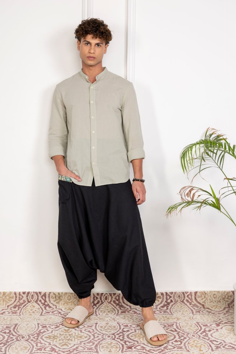 Black Cotton Harem Pants for Men with Stylish Patchwork – Relaxed Fit, Trendy Lounge Wear - swadeshsouq.com