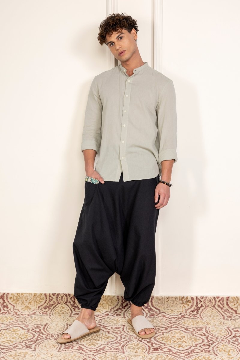 Black Cotton Harem Pants for Men with Stylish Patchwork – Relaxed Fit, Trendy Lounge Wear - swadeshsouq.com