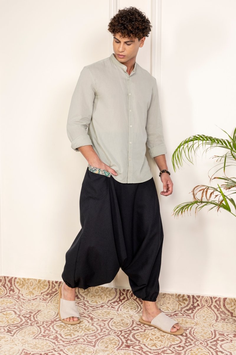 Black Cotton Harem Pants for Men with Stylish Patchwork – Relaxed Fit, Trendy Lounge Wear - swadeshsouq.com