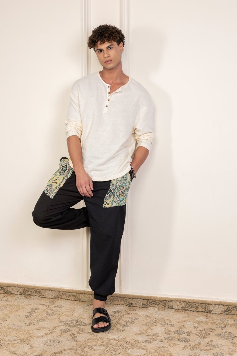 Black Cotton Patchwork Pyjama for Men – Soft, Breathable Lounge Wear | Regular Fit | Everyday Comfort - swadeshsouq.com