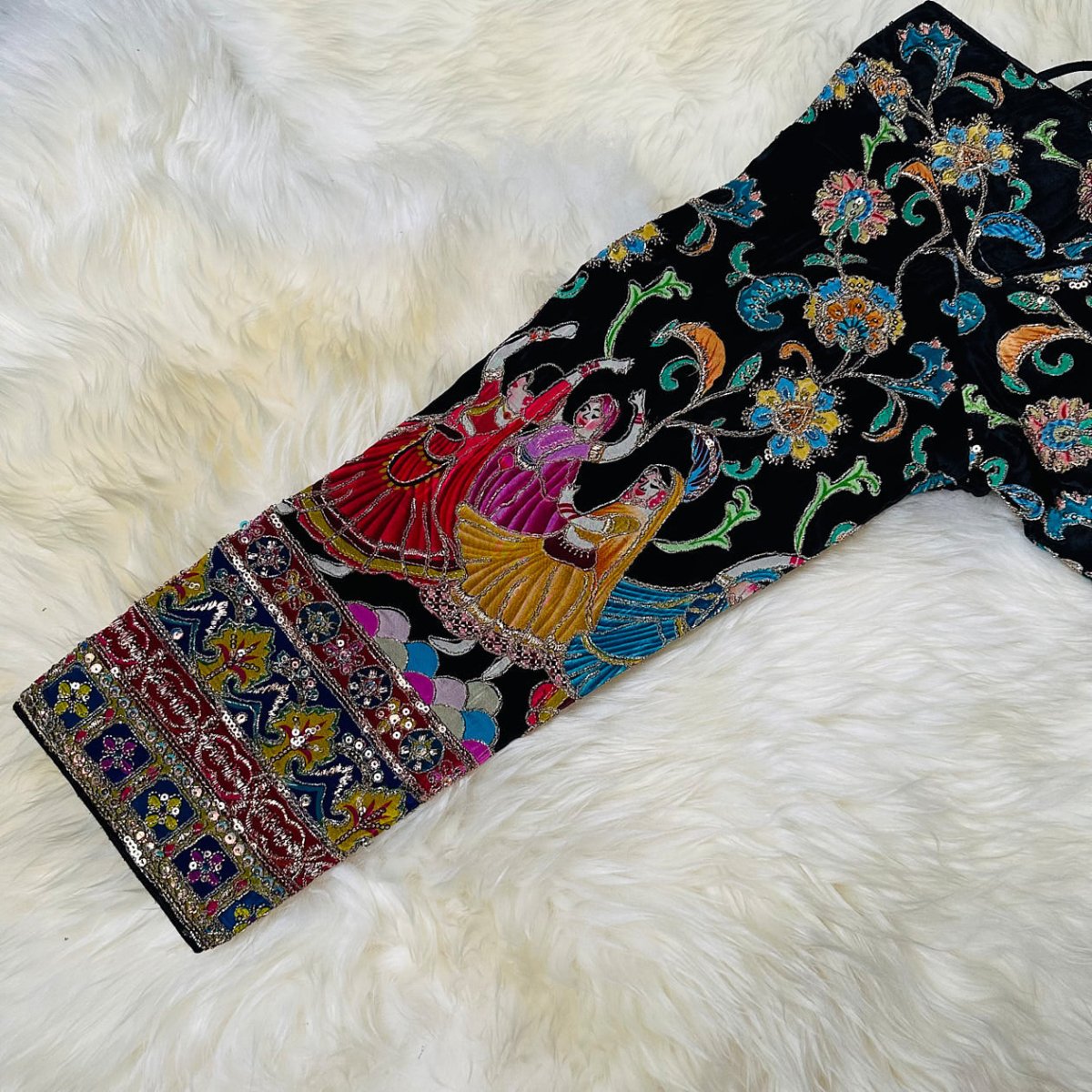 Black Crepe Designer Blouse with Appliqué Work, Full Embroidered Sleeves & Sequins Detailing (Size 32–40) - swadeshsouq.com