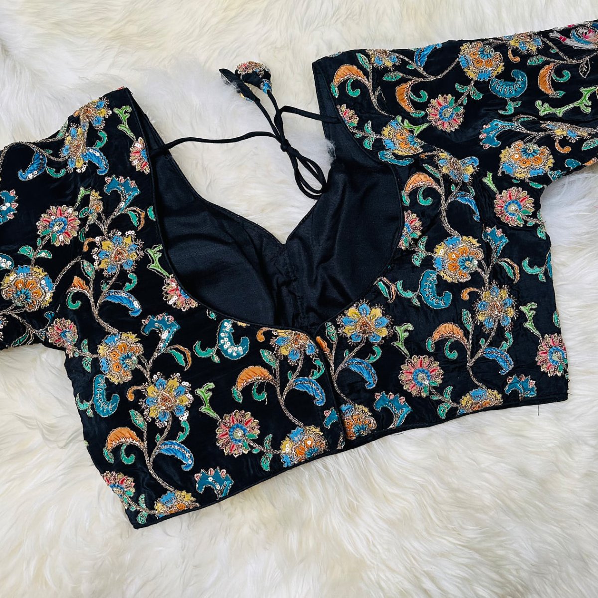 Black Crepe Designer Blouse with Appliqué Work, Full Embroidered Sleeves & Sequins Detailing (Size 32–40) - swadeshsouq.com