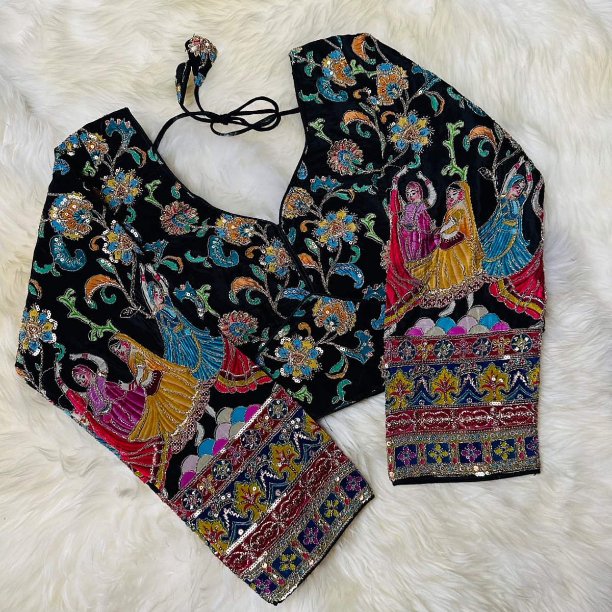 Black Crepe Designer Blouse with Appliqué Work, Full Embroidered Sleeves & Sequins Detailing (Size 32–40) - swadeshsouq.com