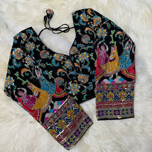 Black Crepe Designer Blouse with Appliqué Work, Full Embroidered Sleeves & Sequins Detailing (Size 32–40) - swadeshsouq.com