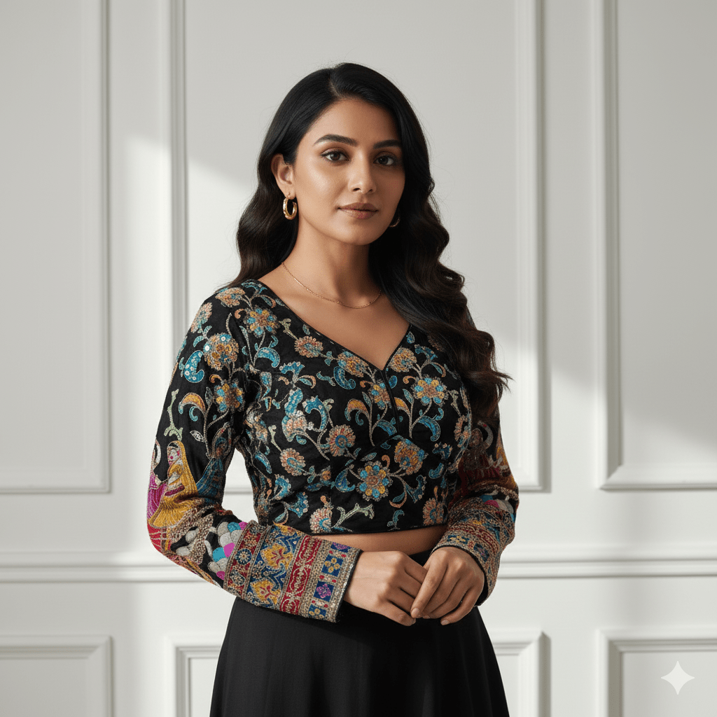 Black Crepe Designer Blouse with Appliqué Work, Full Embroidered Sleeves & Sequins Detailing (Size 32–40) - swadeshsouq.com