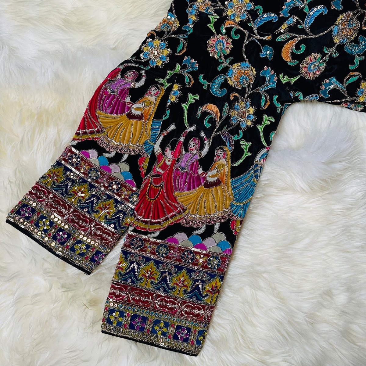 Black Crepe Designer Blouse with Appliqué Work, Full Embroidered Sleeves & Sequins Detailing (Size 32–40) - swadeshsouq.com