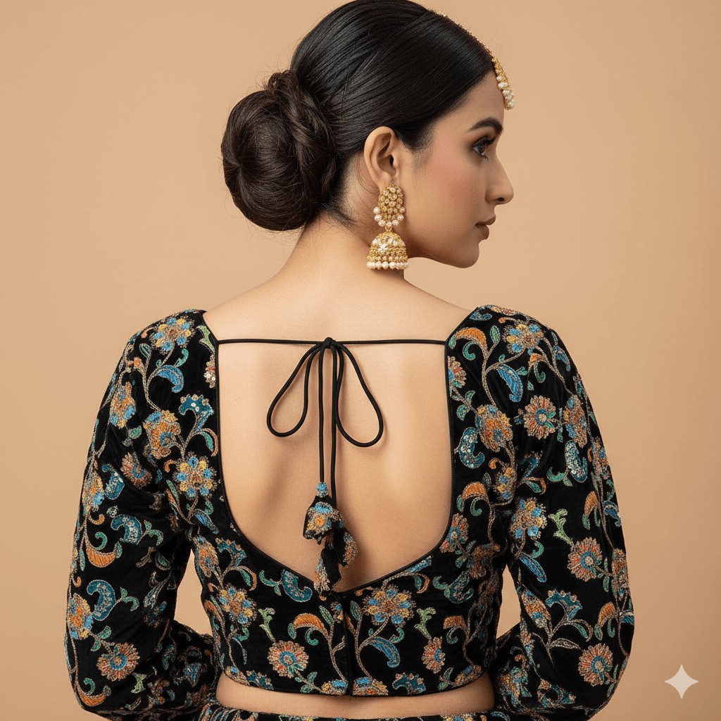 Black Crepe Designer Blouse with Appliqué Work, Full Embroidered Sleeves & Sequins Detailing (Size 32–40) - swadeshsouq.com