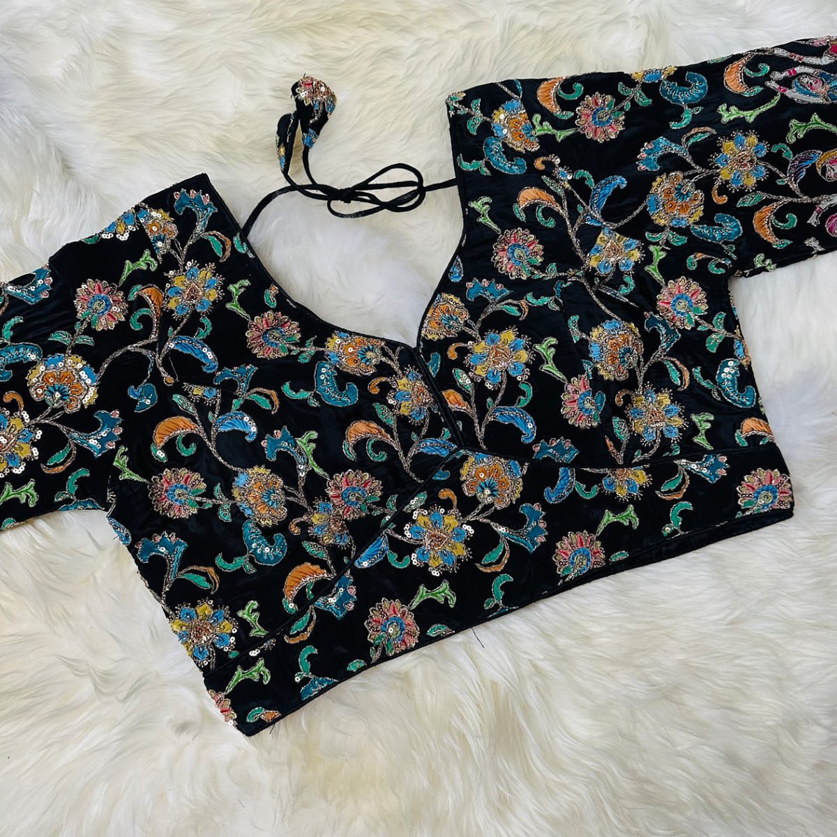 Black Crepe Designer Blouse with Appliqué Work, Full Embroidered Sleeves & Sequins Detailing (Size 32–40) - swadeshsouq.com