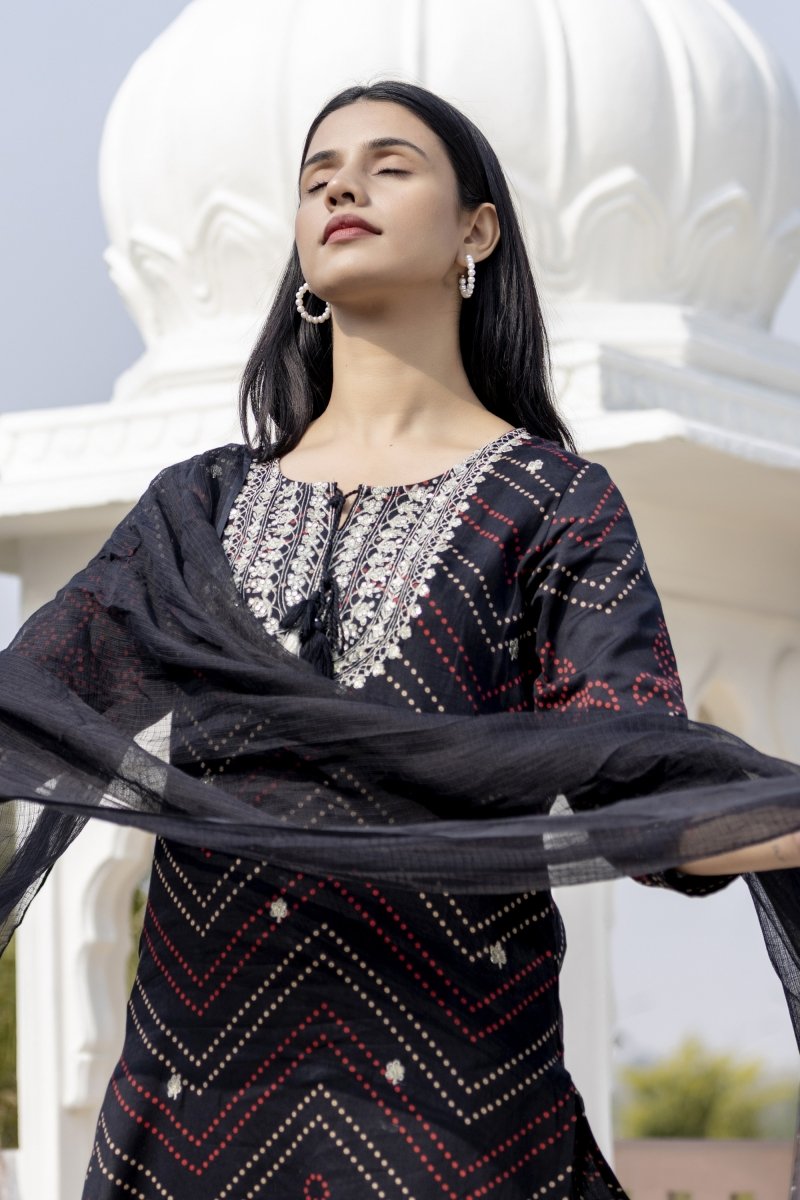 Black Embroidered Cotton Kurta Sharara Set with Dupatta – Effortlessly Elegant - swadeshsouq.com