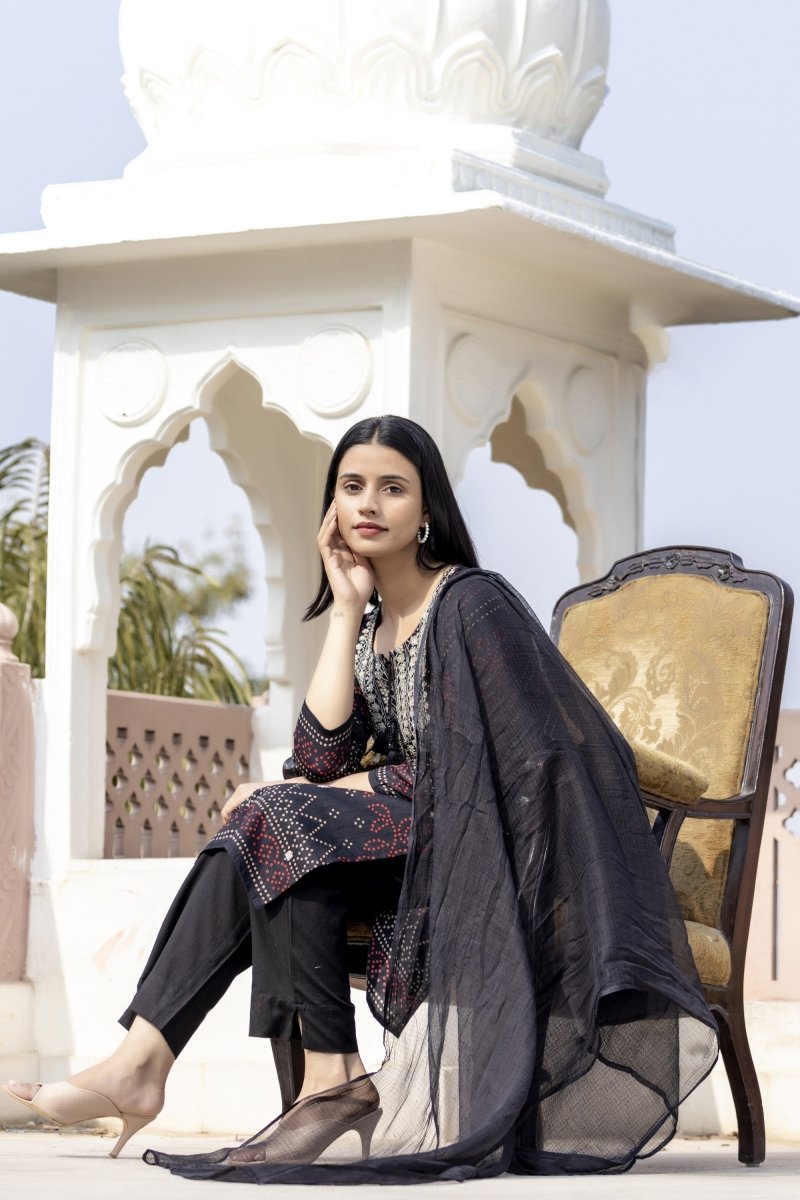 Black Embroidered Cotton Kurta Sharara Set with Dupatta – Effortlessly Elegant - swadeshsouq.com