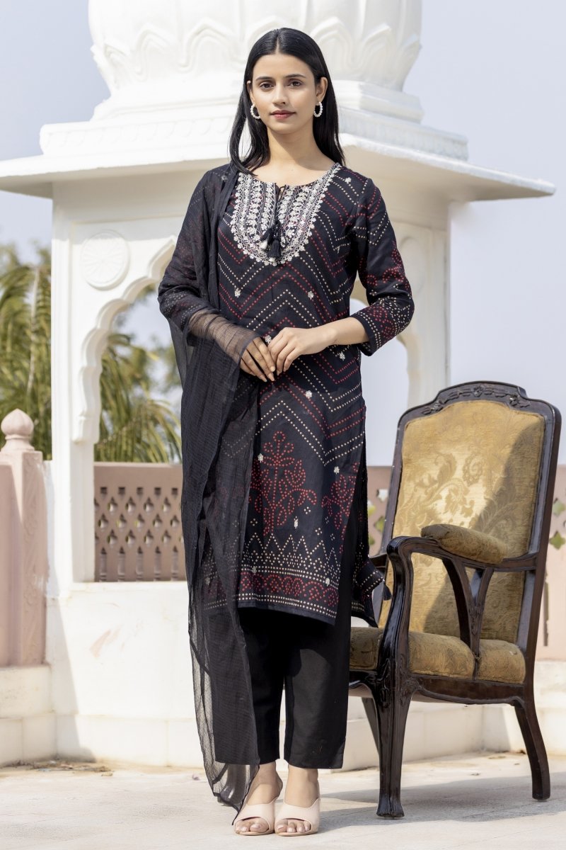 Black Embroidered Cotton Kurta Sharara Set with Dupatta – Effortlessly Elegant - swadeshsouq.com