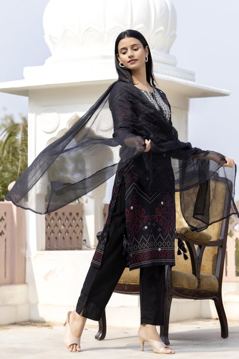 Black Embroidered Cotton Kurta Sharara Set with Dupatta – Effortlessly Elegant - swadeshsouq.com