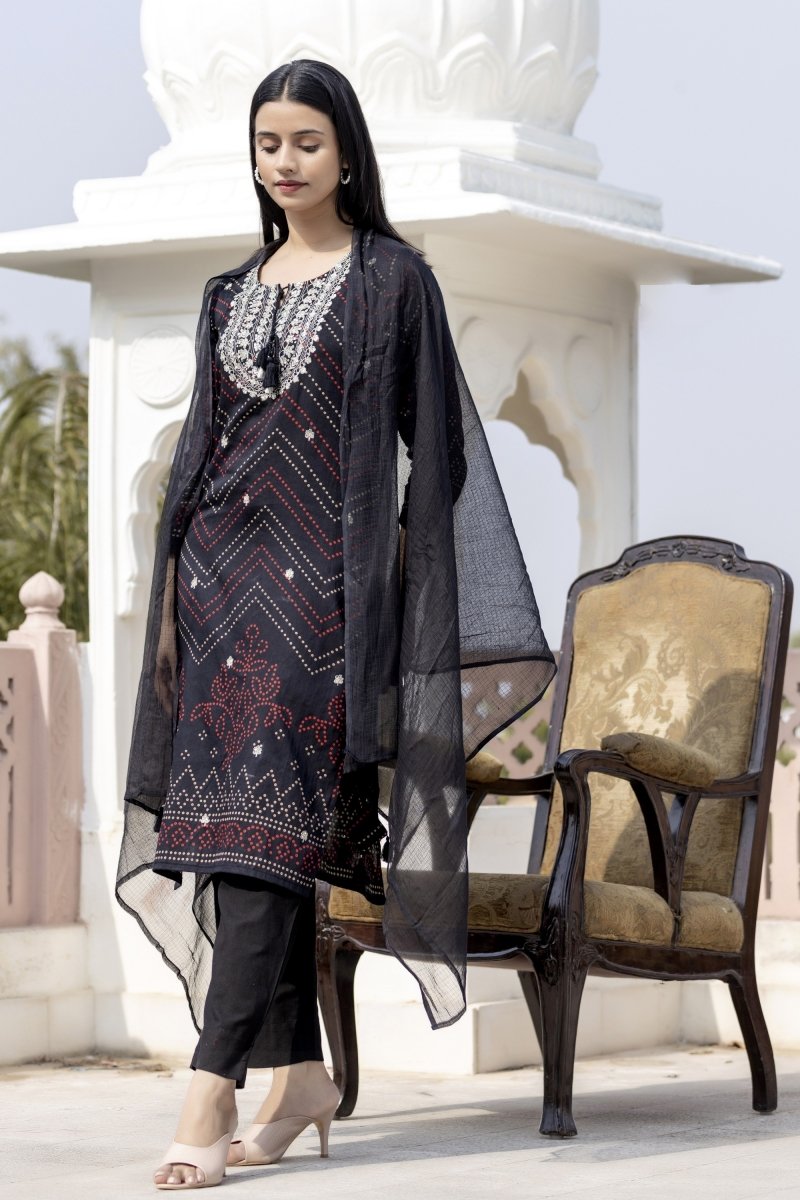 Black Embroidered Cotton Kurta Sharara Set with Dupatta – Effortlessly Elegant - swadeshsouq.com