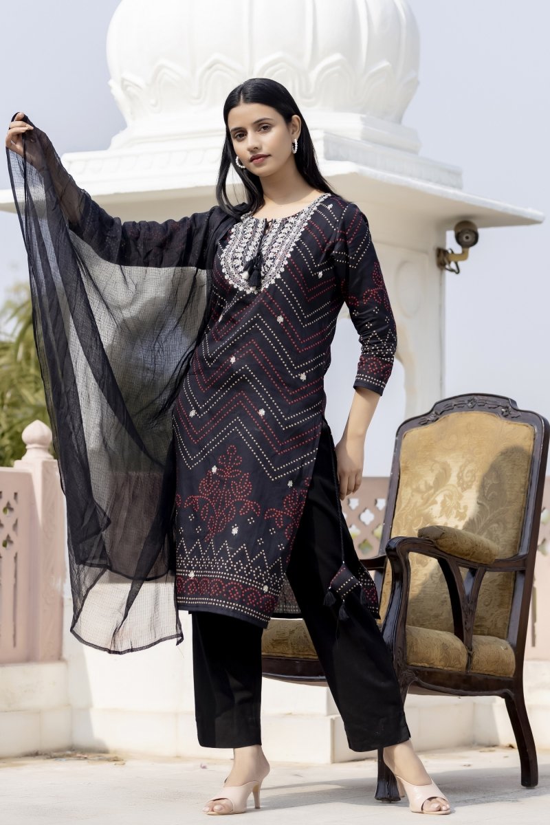 Black Embroidered Cotton Kurta Sharara Set with Dupatta – Effortlessly Elegant - swadeshsouq.com