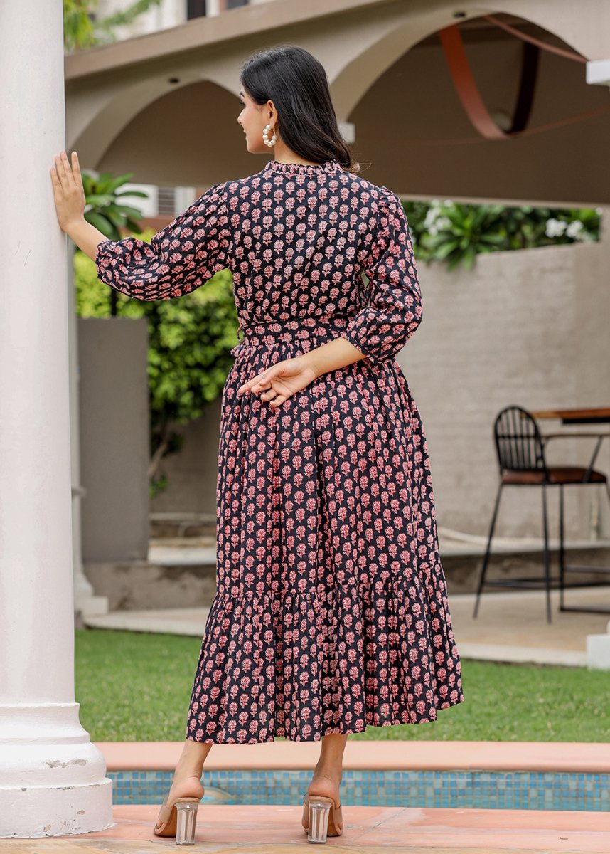 Black Floral Printed Cotton Dress - swadeshsouq.com