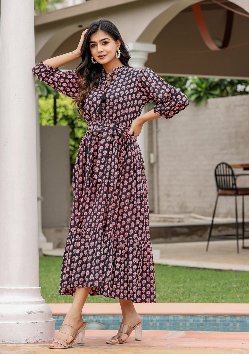 Black Floral Printed Cotton Dress - swadeshsouq.com