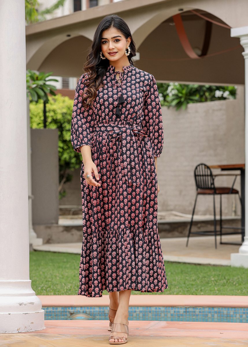 Black Floral Printed Cotton Dress - swadeshsouq.com