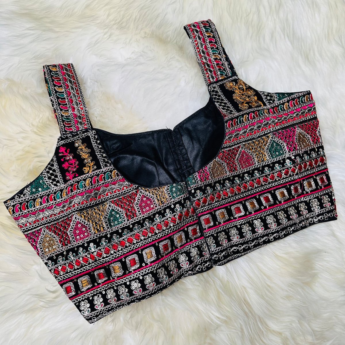 Black Georgette Blouse with All - Over Multicolor Rajasthani Embroidery | Sleeveless (Fits 32–40) - swadeshsouq.com