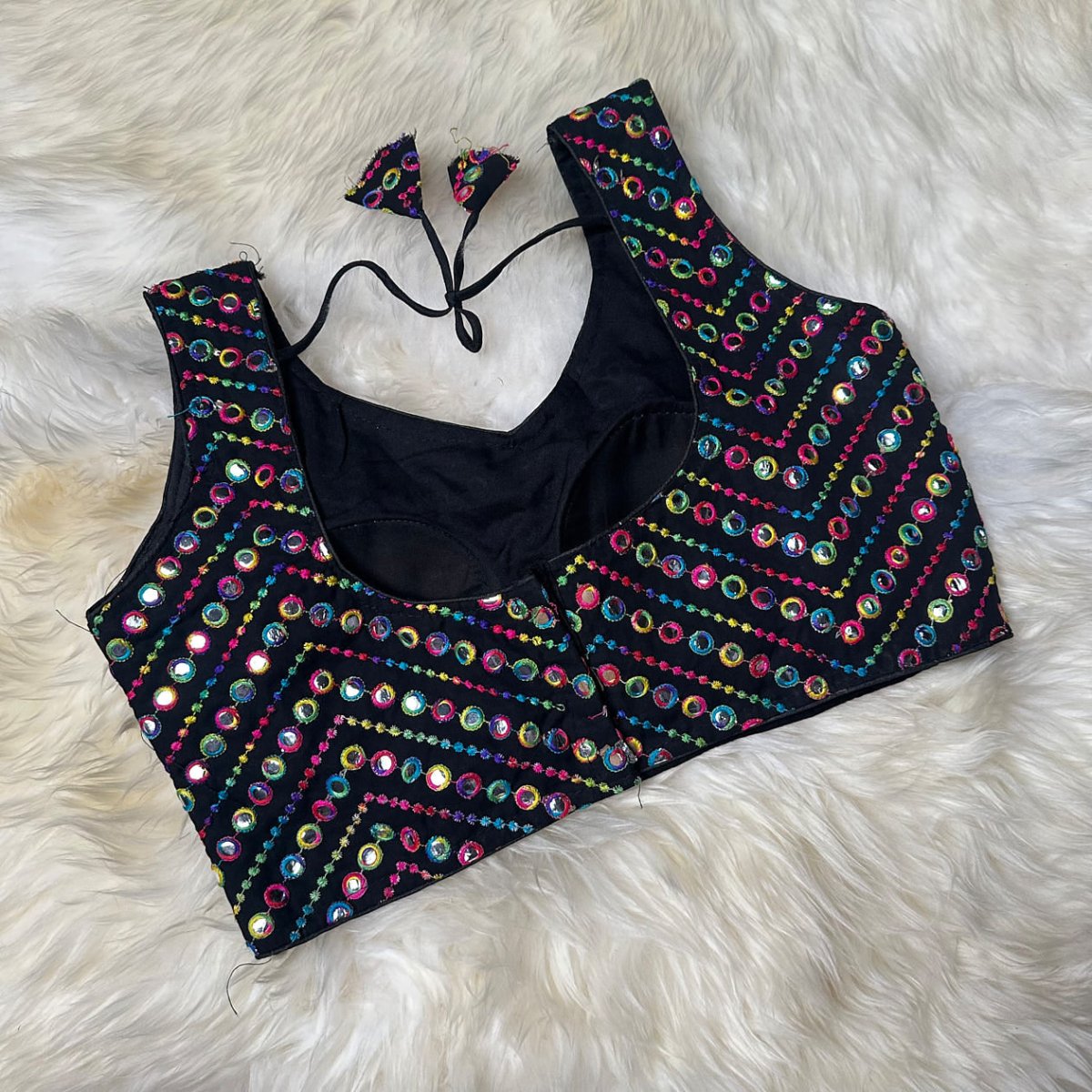 Black Georgette Blouse with Multicolour Mirror Work (Size 32–36) - swadeshsouq.com