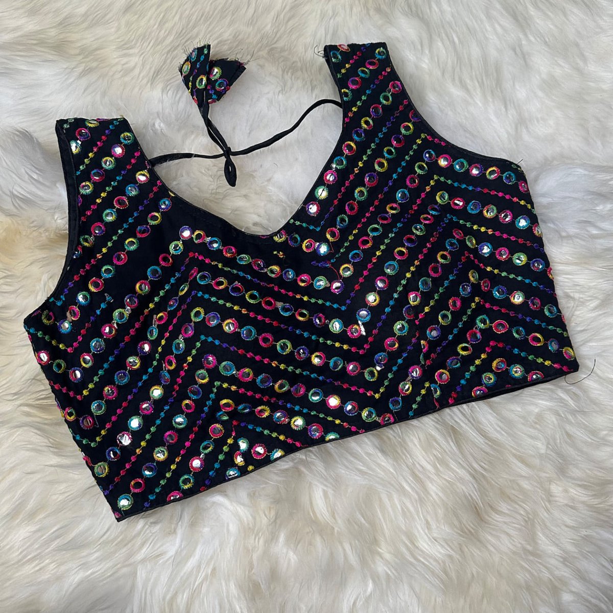 Black Georgette Blouse with Multicolour Mirror Work (Size 32–36) - swadeshsouq.com