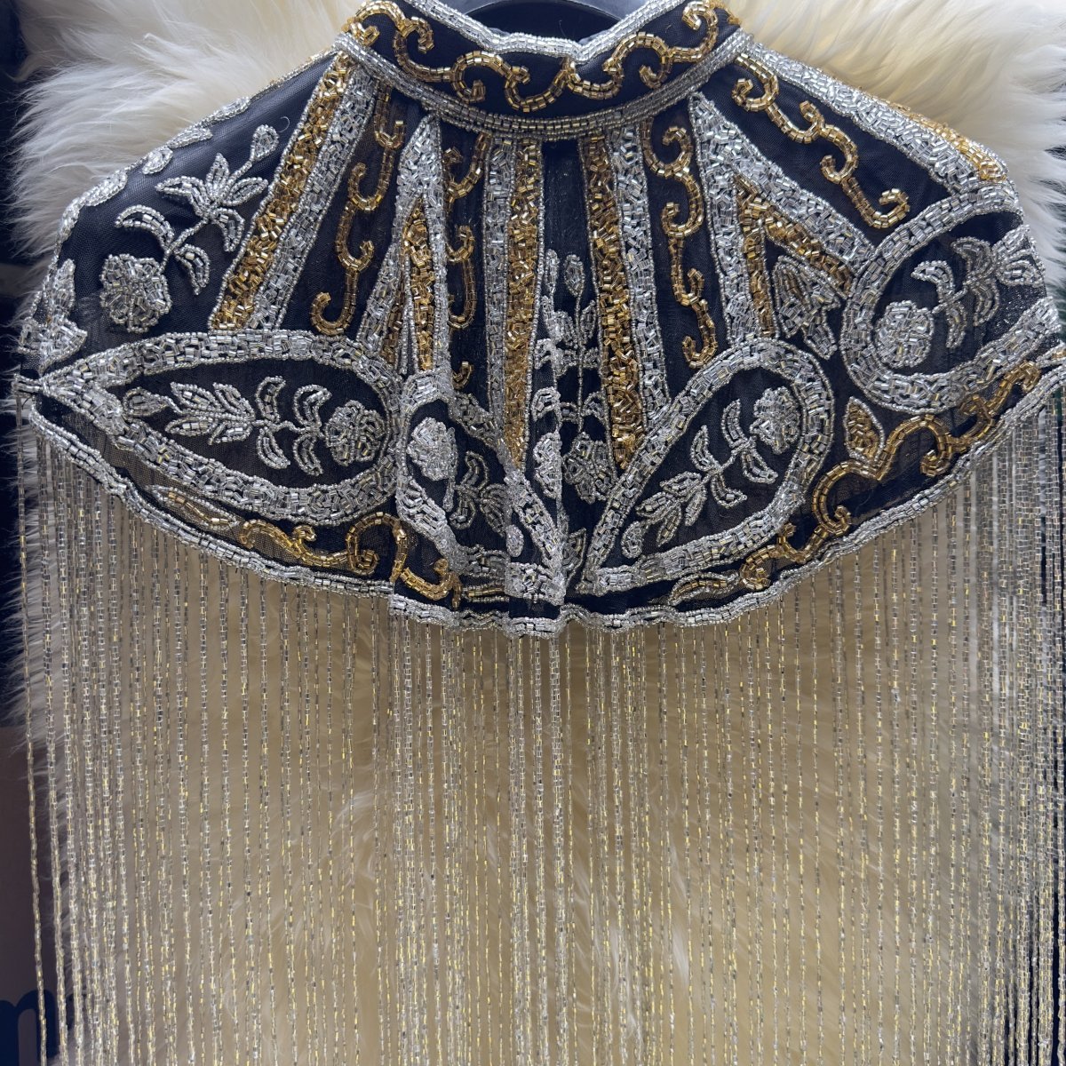 Black & Gold Embellished Cape with Beaded Tassels - Statement Free Size Cape - swadeshsouq.com