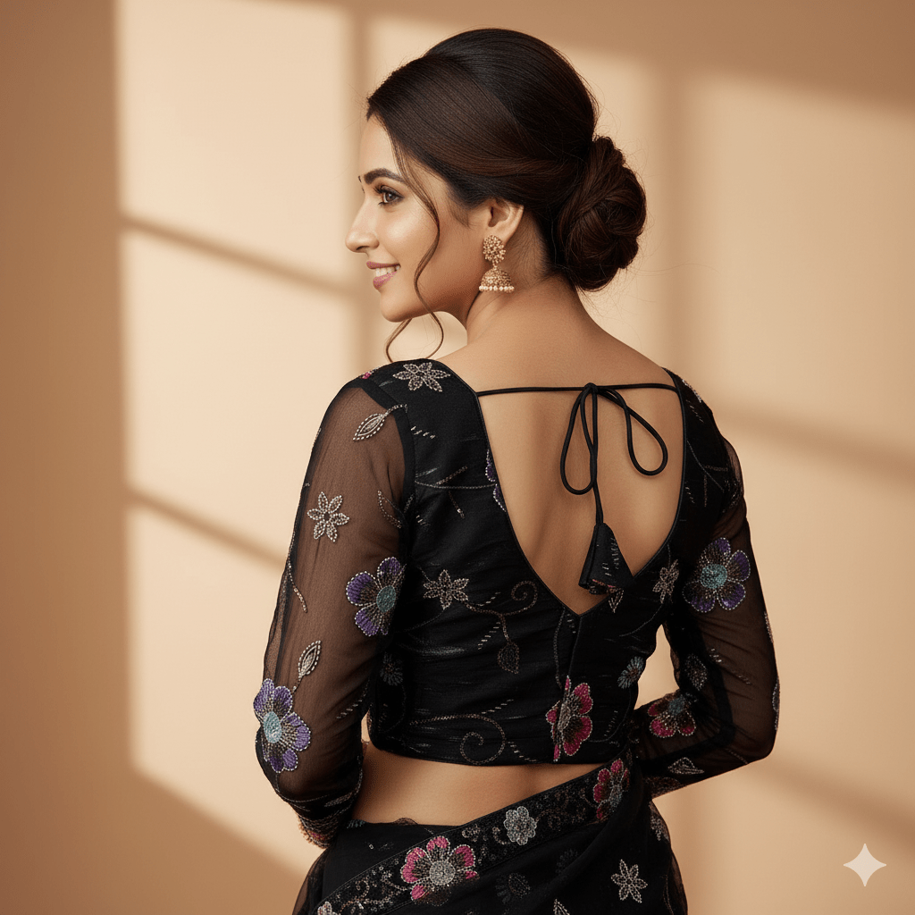 Black Jimi Choo Blouse with Bead Work – Smooth, Shiny Finish & Full Sleeves (Fits 32–40) - swadeshsouq.com