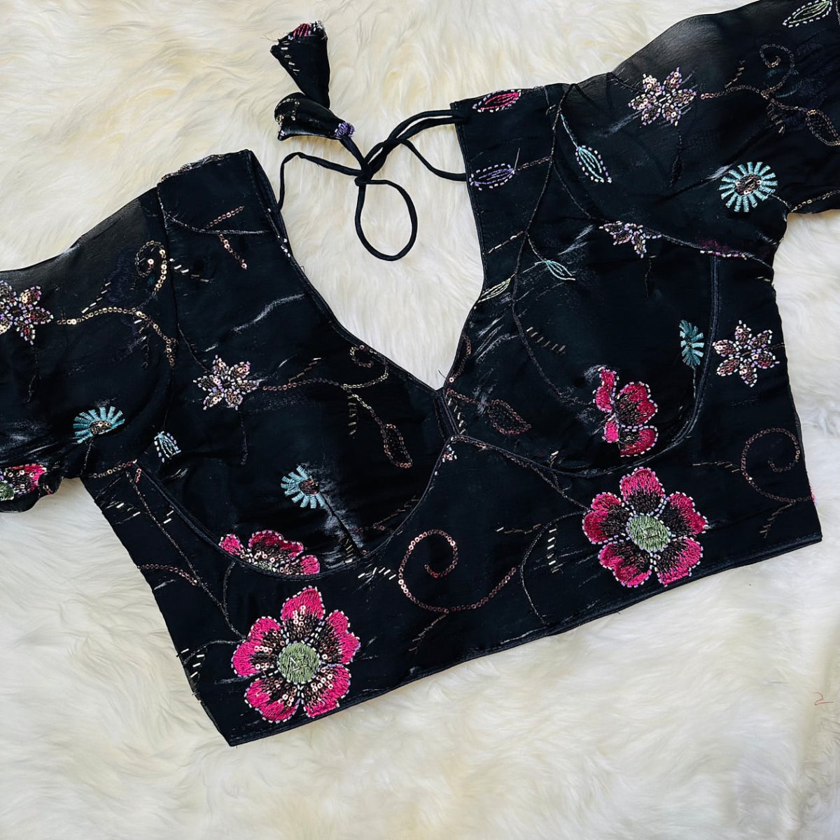 Black Jimi Choo Blouse with Bead Work – Smooth, Shiny Finish & Full Sleeves (Fits 32–40) - swadeshsouq.com