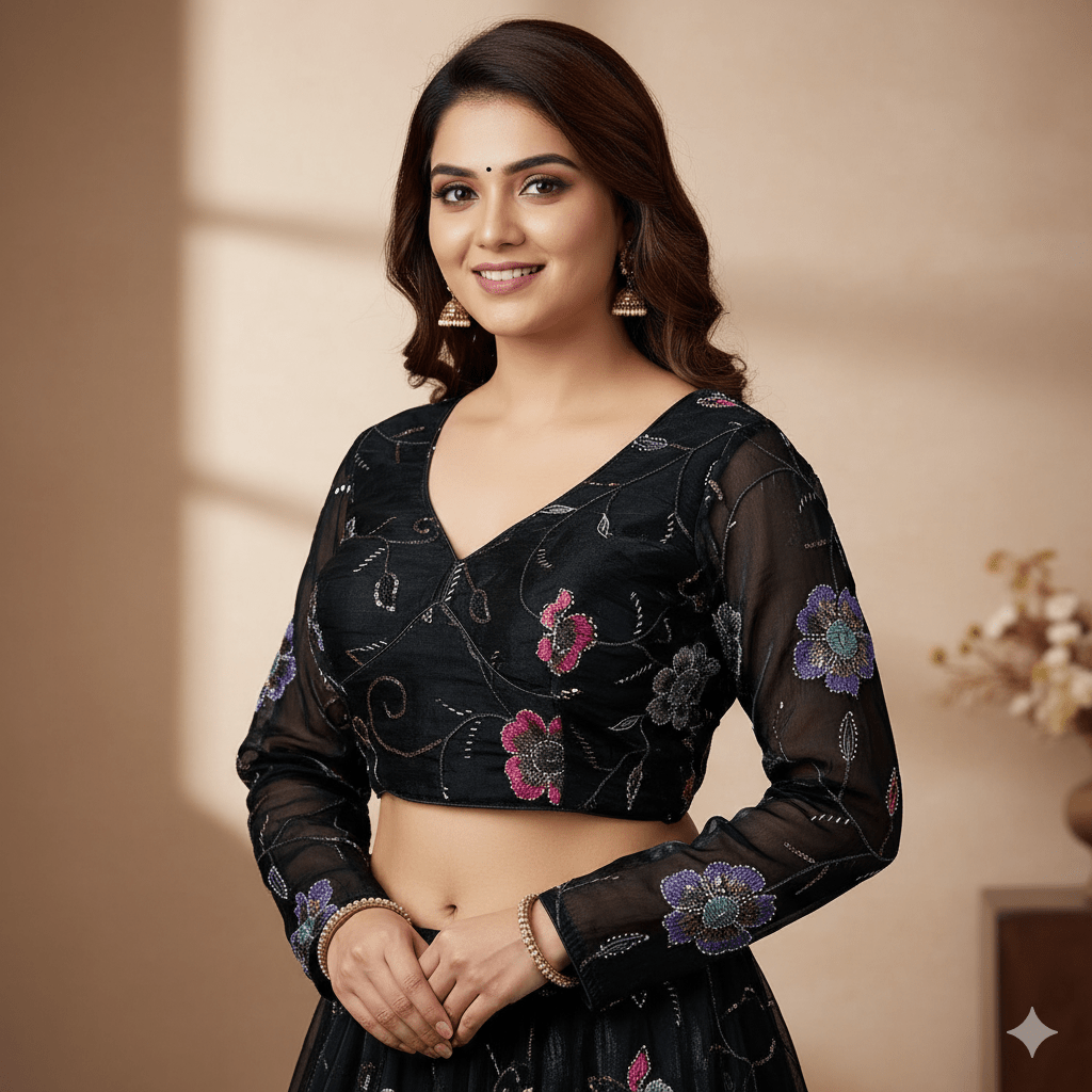 Black Jimi Choo Blouse with Bead Work – Smooth, Shiny Finish & Full Sleeves (Fits 32–40) - swadeshsouq.com