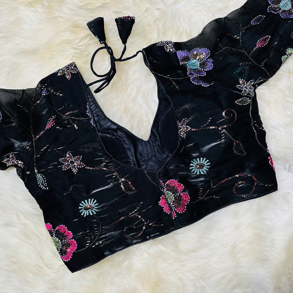 Black Jimi Choo Blouse with Bead Work – Smooth, Shiny Finish & Full Sleeves (Fits 32–40) - swadeshsouq.com