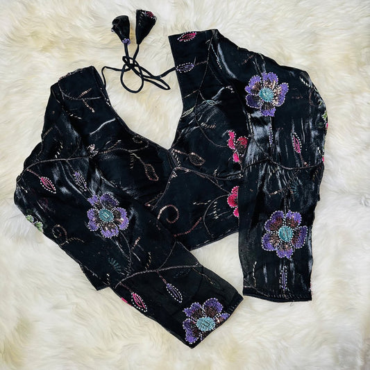 Black Jimi Choo Blouse with Bead Work – Smooth, Shiny Finish & Full Sleeves (Fits 32–40) - swadeshsouq.com